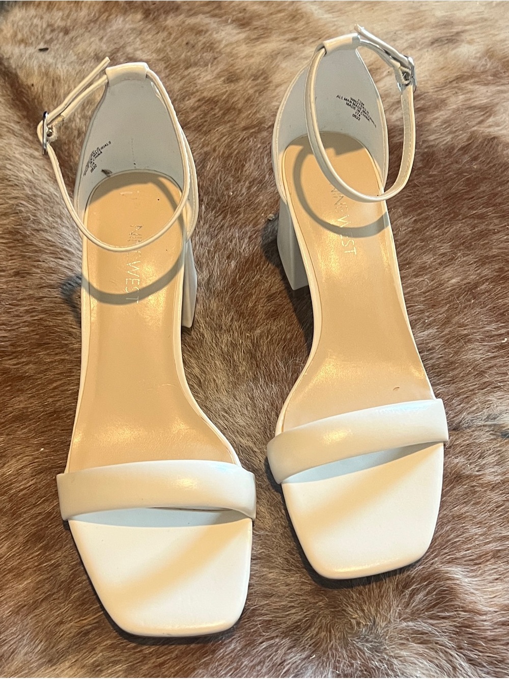 Nine West White Ankle-Strap Block Heel Sandals